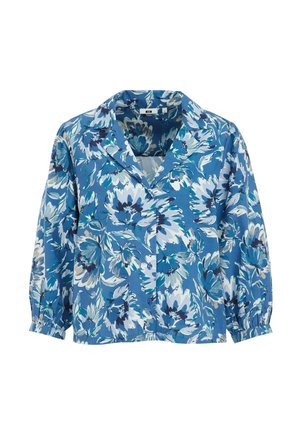 Blue floral shirt featuring a collared neckline, 3/4 sleeves, and a vibrant flower pattern in shades of blue and white. Soft fabric texture.
