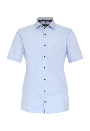 Hellblaue Kurzarmbluse mit button-down Kragen, schwarzen Knöpfen und einer Brusttasche. Verfügt über einen strukturierten Innenkragen. Lässiges Design.