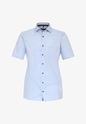 Hellblaue Kurzarmbluse mit button-down Kragen, schwarzen Knöpfen und einer Brusttasche. Verfügt über einen strukturierten Innenkragen. Lässiges Design.