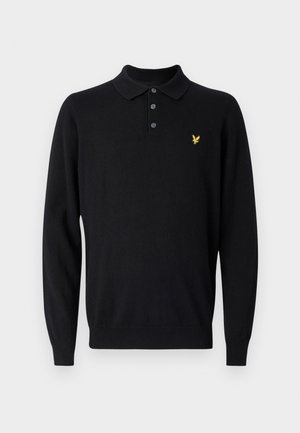 Black long-sleeve polo shirt made of soft fabric. Features a classic collar, three-button placket, and a small yellow bird logo.