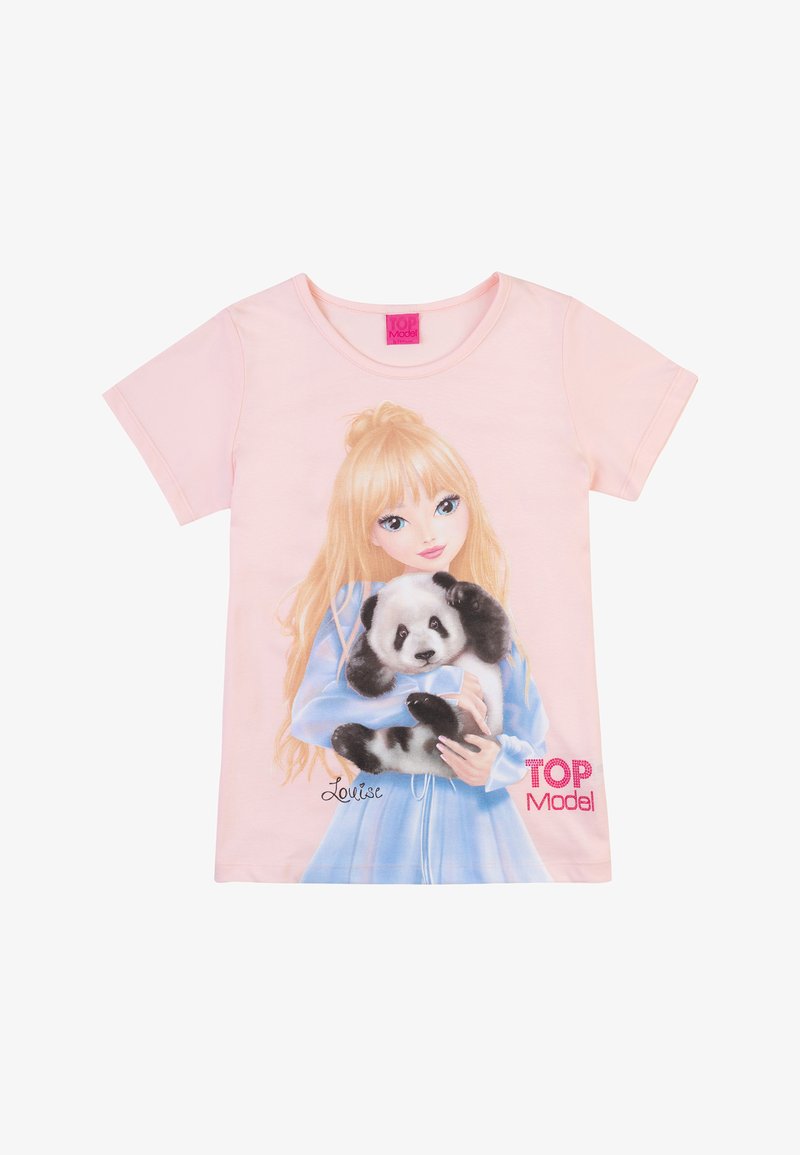 T-shirt in cotone rosa con una stampa che raffigura una ragazza che tiene un panda, con dettagli blu e la scritta "TOP Model" in testo glitterato rosso.