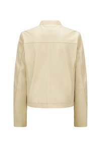 Beige Lederjacke mit strukturiertem Kragen, glatter Textur und geradem Schnitt. Verfügt über minimale Nähte und keine sichtbaren Hardware-Elemente.