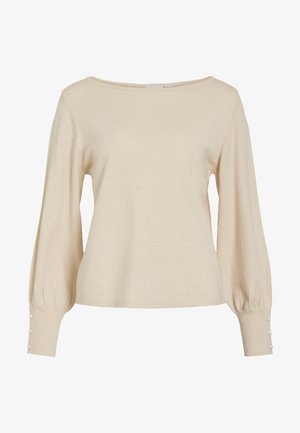 Krémsvětlý pletený svetr s širokým výstřihem, dlouhými nabíranými rukávy a knoflíkovými ozdobami na manžetách. Měkká textura a volný střih.