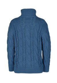 Stickad blå tröja med hög krage och texturerad kabelmönster. Har ribbade mudd och nederkant, vilket ger en kraftig design.