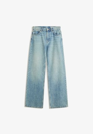 Jeans in denim azzurro chiaro con un design a gamba larga, vita media, stile a cinque tasche, cuciture a contrasto e un leggero sbiadimento per un look classico.
