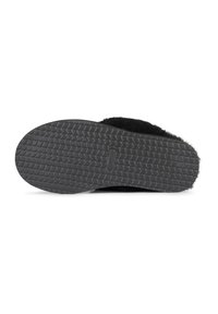 Black slipper with a textured rubber sole featuring a hexagonal pattern. Upper made from soft, fluffy material, providing comfort.