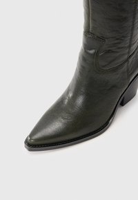 Mørkegrønne lærstøvler i cowboy-stil med spidse tæer og stablet sort hæl på en ensfarvet lys baggrund.