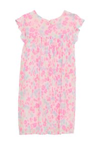 Robe florale rose en tissu léger. Présente des manches courtes à volants, un col rond et une fermeture éclair dans le dos.
