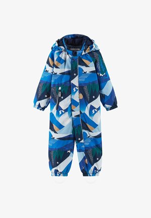 Blauer Kinder-Schneeanzug mit Kapuze, der ein geometrisches Muster in Blau-, Grün- und Erdtönen aufweist. Mit einem Reißverschluss vorne und elastischen Bündchen.