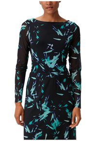 Schwarzes Kleid mit langen, durchsichtigen Ärmeln; zeichnet sich durch ein abstraktes teal- und lila Muster aus; figurbetontes Design mit rundem Ausschnitt und elastischem Bund.