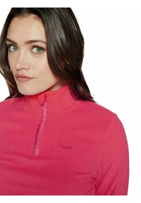 Maglia in pile con mezza zip di un brillante rosa, con colletto alto, pannello frontale testurizzato e logo ricamato. Tessuto morbido con una finitura liscia.