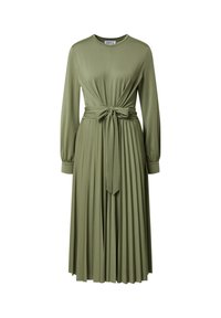 Olivgrön långärmad klänning med rund halsringning, knuten midja och plisserad kjol. Slät tyg med avslappnad passform.