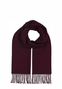 Bordo krāsu šalle no mīksta auduma ar bārkstīm abos galos un gludu faktūru. Salikta ar cilpu augšpusē, izmēri nav norādīti.