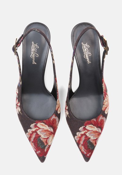 Paire d'escarpins slingback à bout pointu en tissu tapisserie florale foncée avec des brides à boucle dorée, marqués du logo Luis Onofre à l'intérieur.