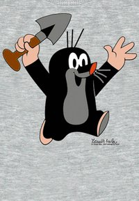 Black cartoon mole with a gray body, holding a brown shovel, on a light gray background. Features pink paws and a red nose.