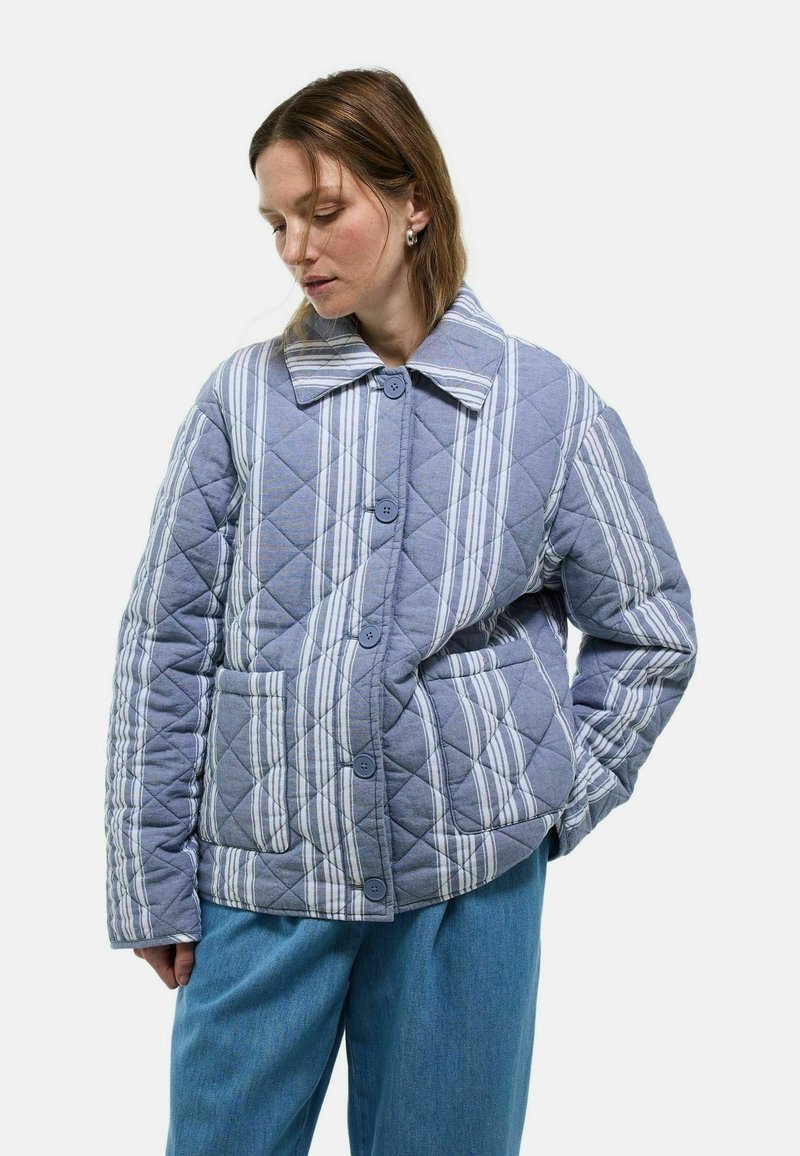 Veste matelassée en bleu clair avec des rayures blanches, comportant un large col, des fermetures à boutons et des poches frontales. Motif en losanges texturé.