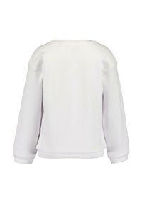 Felpa bianca con una vestibilità rilassata, spalle cadenti, polsini e orlo a coste, caratterizzata da una morbida texture del tessuto e senza decorazioni visibili.