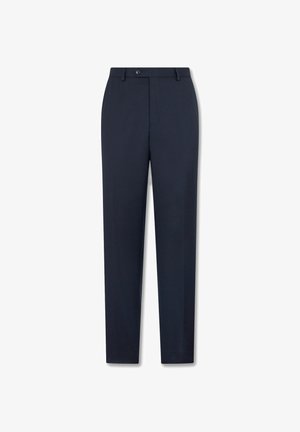 Granatowe spodnie w stylu eleganckim, wykonane z gładkiego materiału, z prostymi nogawkami, zapięciem na guzik oraz szlufkami na pasek.