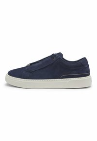 Navy blue low-top sneaker with white thick sole, minimal stitching, and black laces, shown from side view on white background.