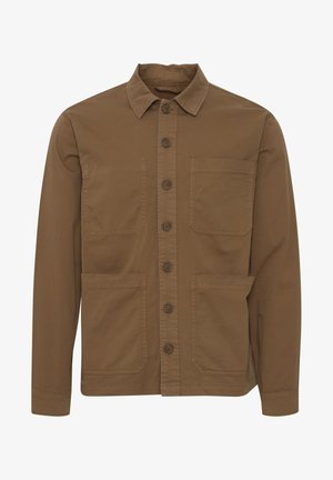Brown button-up shirt, cotton material, long sleeves, pointed collar, two chest pockets, four front buttons, and lightweight texture.