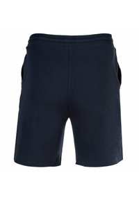 Navyblauwe katoenen shorts met een eenvoudige uitstraling, elastische tailleband en zijzakken. Glad materiaal zonder zichtbare patronen.