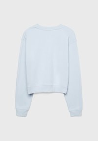 Sudadera corta de color azul claro con mangas largas, puños acanalados y un sencillo escote redondo. Textura suave y lisa, sin adornos.