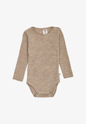 Dětské body s dlouhým rukávem z jemného hnědého žebrovaného materiálu. Má kulatý výstřih a druky ve spodní části pro snadné oblékání.
