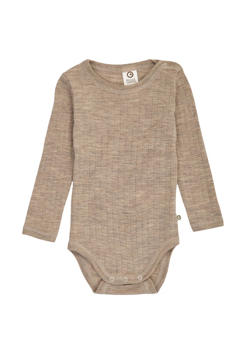 Babybody met lange mouwen in lichtbruine geribbelde stof. Voorzien van een ronde halslijn en drukknoopjes aan de onderkant voor gemakkelijk aankleden.