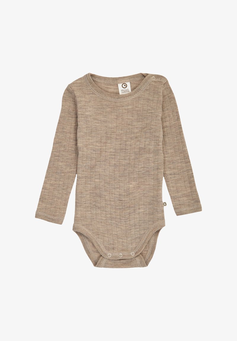 Babybody met lange mouwen in lichtbruine geribbelde stof. Voorzien van een ronde halslijn en drukknoopjes aan de onderkant voor gemakkelijk aankleden.