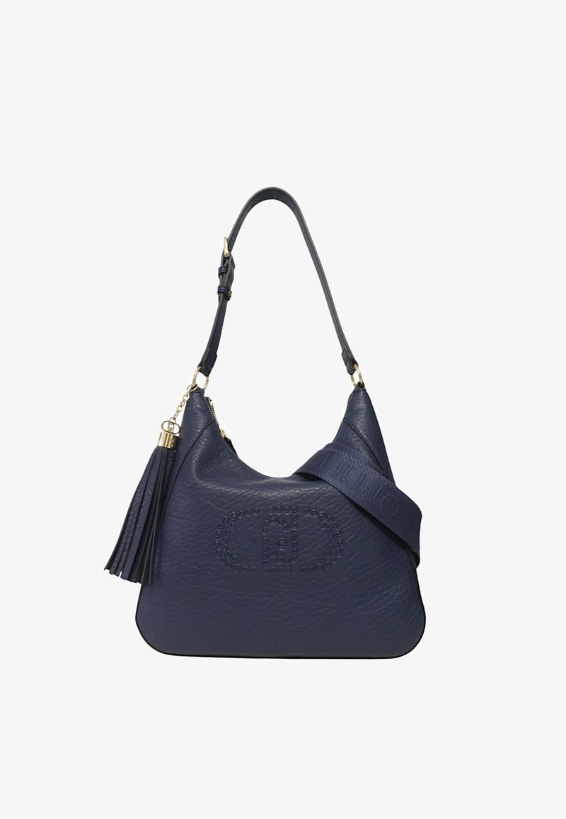Borsa a spalla in pelle blu navy con tracolla regolabile, logo perforato circolare e portachiavi con nappe.