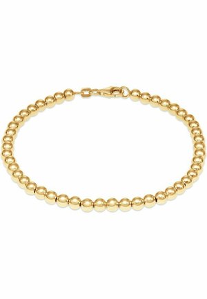 Goldball-Armband mit polierten, sphärischen Perlen und einem Karabinerverschluss, der eine durchgehende, kreisförmige Form erzeugt.