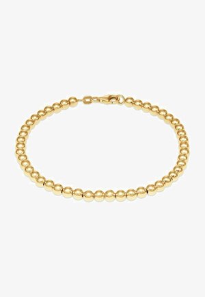 Gold ball bracelet featuring polished spherical beads and a lobster clasp closure, creating a continuous circular shape.