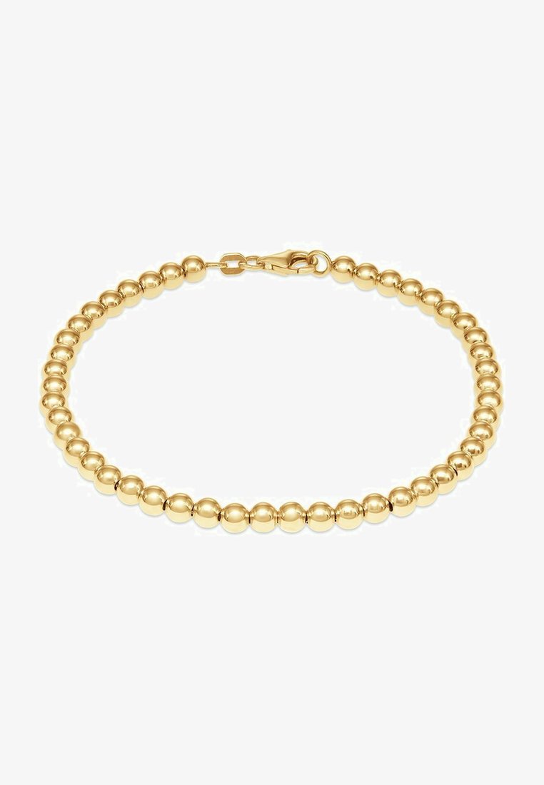 Goldball-Armband mit polierten, sphärischen Perlen und einem Karabinerverschluss, der eine durchgehende, kreisförmige Form erzeugt.