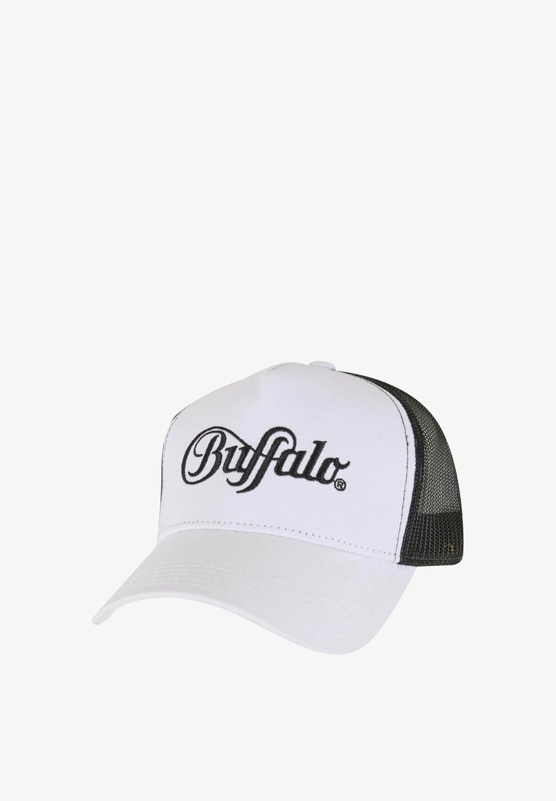 Căciulă de baseball albă cu spate din plasă neagră. Prezintă un vizor curbat și cuvântul "Buffalo" scris cu litere negre pe față. Include o curea ajustabilă.