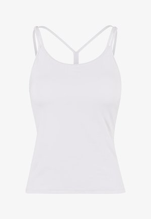 Bela majica brez rokavov s tankimi naramnicami, ki ima na hrbtni strani križasti dizajn. Narejena je iz mehkega materiala z gladko teksturo.