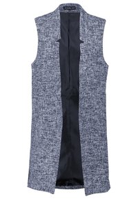 Mouwloze, knielange grijze geweven vest met zwarte satijnen voering en een notch lapel kraag, open voorkant zonder knopen of ritsen.