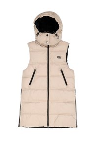 Gilet imbottito senza maniche beige con cappuccio, zip frontale, tasche laterali con zip e piccolo logo nero sul petto.