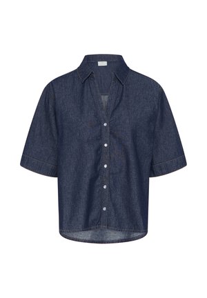 Camicia di jeans blu scuro a maniche corte con colletto e bottoni a pressione frontali, orlo leggermente corto e dettagli di cuciture visibili.