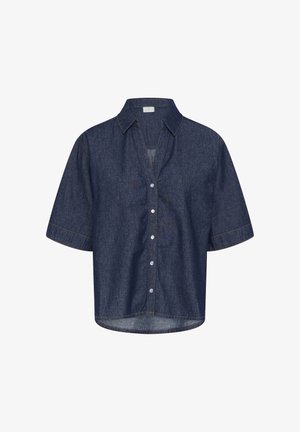 Camicia di jeans blu scuro a maniche corte con colletto e bottoni a pressione frontali, orlo leggermente corto e dettagli di cuciture visibili.