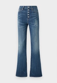 Jeans blu a zampa d'elefante con vita alta, chiusura a cinque bottoni e texture sbiadita; presentano tasche cucite e una finitura in denim classica.