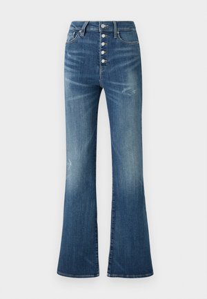 Bredde blå jeans med høy livhøyde, fem-knaps lukking og falmet tekstur; har stikkede lommer og en klassisk denimfinish.