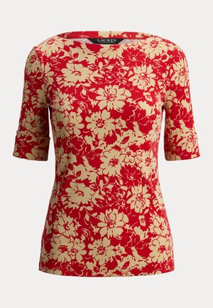 Maglietta rossa a maniche corte con motivo floreale beige e scollatura tonda, con etichetta Lauren Ralph Lauren all'interno del colletto.