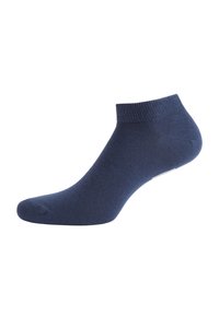 Chaussette de cheville bleu marine en tissu tricoté avec bord côtelé, présentée sur un fond blanc.