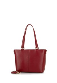 Rode leren tote bag met twee handvatten bovenaan, accenten van goudkleurig hardware en een gestructureerde afwerking. Inclusief een afneembare schouderriem voor veelzijdigheid.