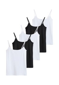 Five black and white camisole tops with thin straps arranged in a staggered, alternating color pattern on a white background.