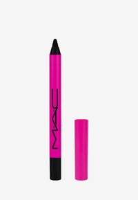 MAC lip pencil in felroze met een matte afwerking, voorzien van een zwarte punt en logo ontwerp. Inclusief dop, met een solide kleurtextuur.