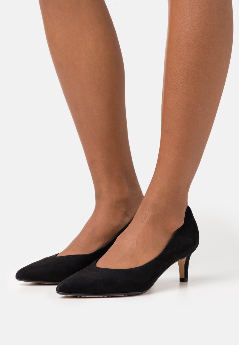 Jambes portant des escarpins en daim noir à bout pointu et petits talons kitten sur un fond clair uni.