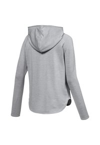 Hoodie gris avec capuche à cordon de serrage, manches longues et ourlet arrondi. Texture de tissu douce avec un motif subtil ; comprend une poche latérale.