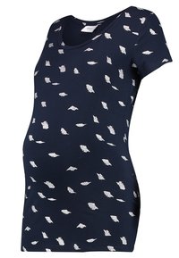 Navy blue maternity T-shirt made of soft fabric, featuring a scoop neckline and silver leaf-patterned accents throughout.