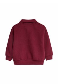 Dlouhý rukáv burgundské mikiny s žebrovanými manžetami a lemem, a s přeloženým límečkem, zobrazeno zezadu na bílém pozadí.